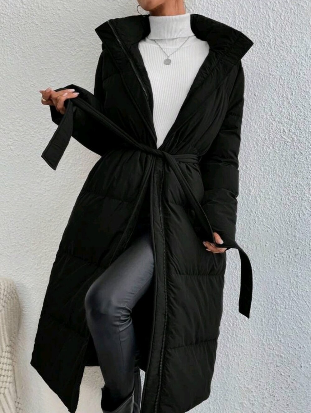 Long Black Belted Puffer Coat